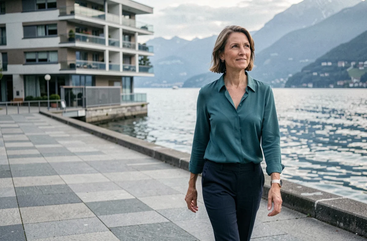 Représentante de Ludimmo se déplaçant en bord de lac à Thonon-les-Bains avec des immeubles en arrière-plan