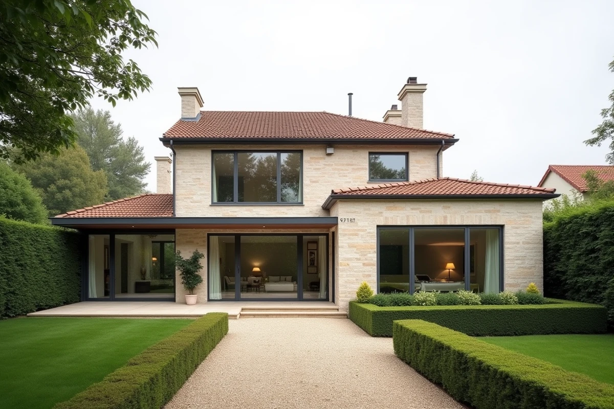 Maison individuelle isolée avec jardin privatif et façade en pierre dans un quartier résidentiel