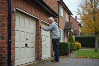 Homme inspectant le joint d'isolation d'une maison mitoyenne avec garage partagé en zone pavillonnaire