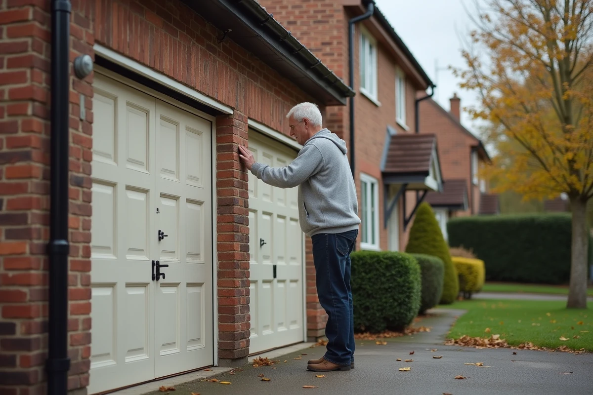 Homme inspectant le joint d'isolation d'une maison mitoyenne avec garage partagé en zone pavillonnaire