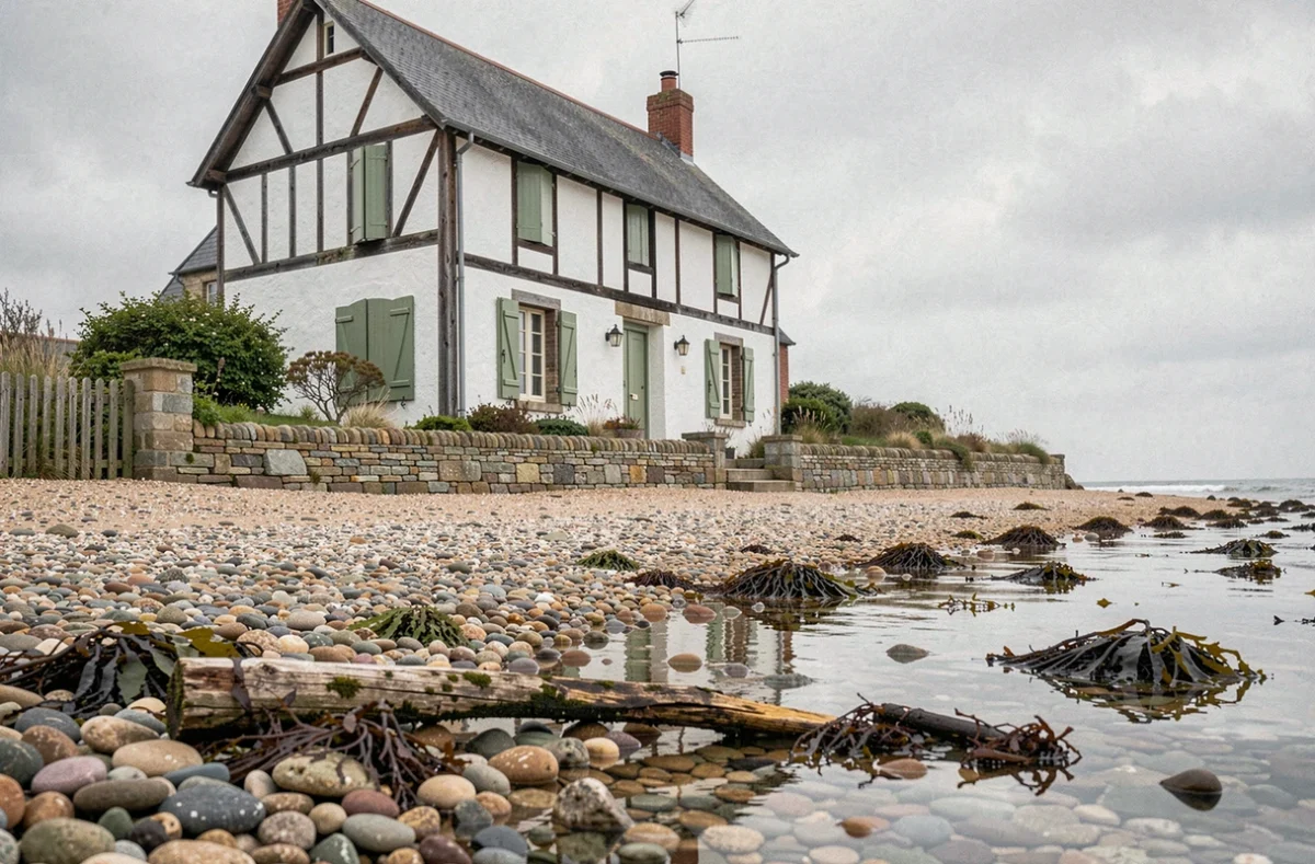 Maison normande à colombages au bord d'une plage de galets en Normandie, vue grand angle depuis le rivage