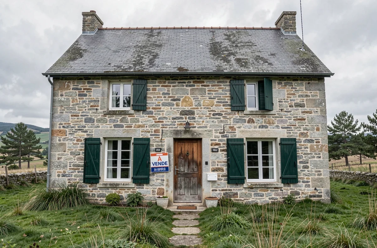 Maison en pierre traditionnelle à vendre en Lozère avec panneau immobilier dans un paysage rural