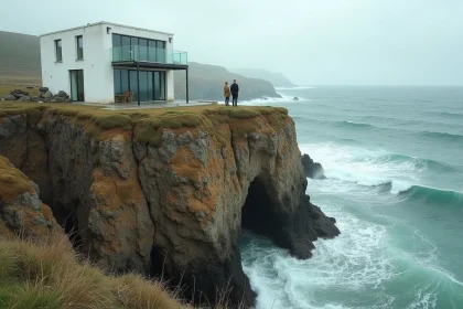 Maison en bord de falaise côtière avec couple observant la mer face aux risques d'érosion et de recul du trait de côte