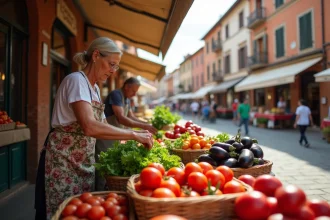 Marché des Carmes à Toulouse avec une vendeuse arrangeant des légumes frais sur un étal en bois entouré de façades en briques roses