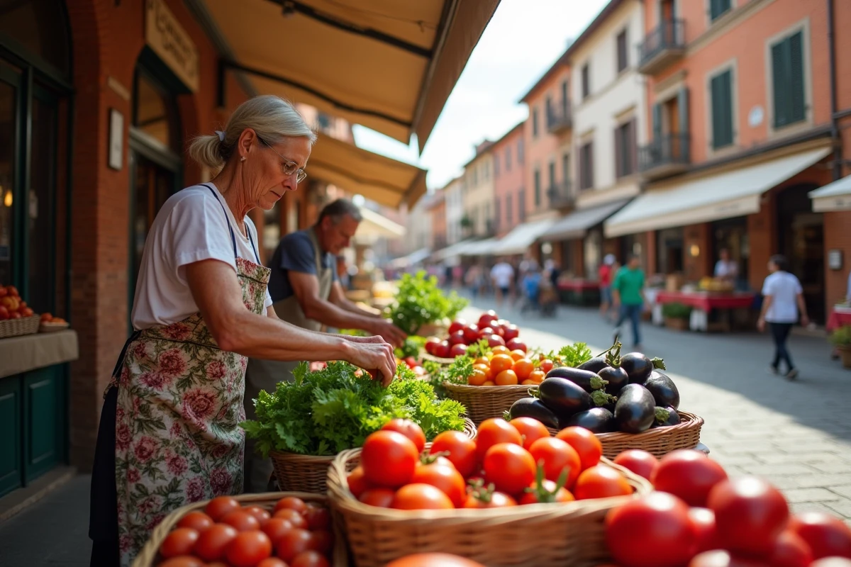 Marché des Carmes à Toulouse avec une vendeuse arrangeant des légumes frais sur un étal en bois entouré de façades en briques roses