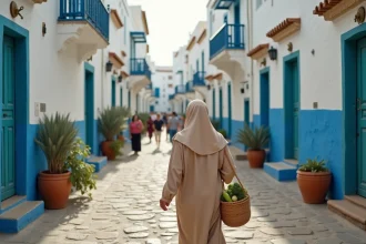 Rue résidentielle de la médina d'Essaouira avec une habitante en djellaba portant un panier de marché, architecture typique à louer à l'année