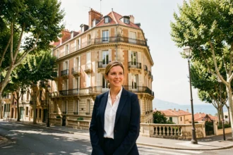 Agent immobilière devant un immeuble haussmannien ensoleillé à Marseille avec vue sur les toits provençaux
