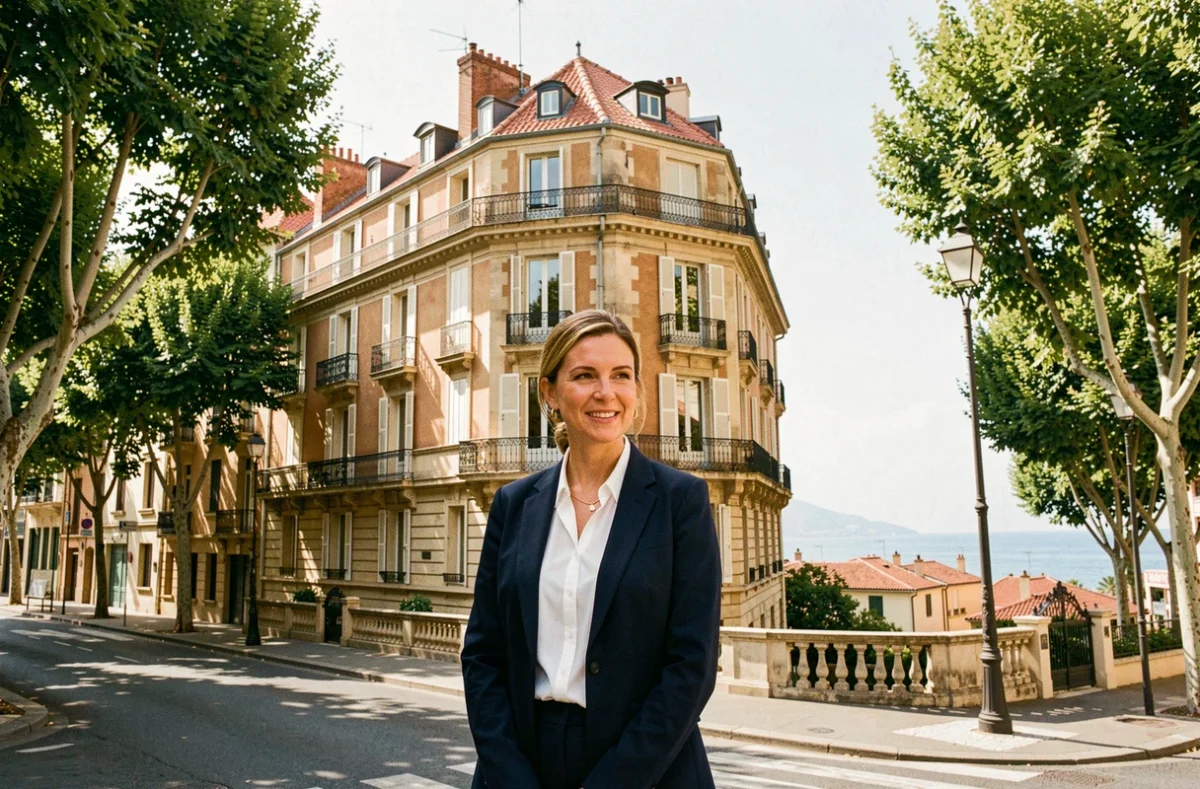Agent immobilière devant un immeuble haussmannien ensoleillé à Marseille avec vue sur les toits provençaux