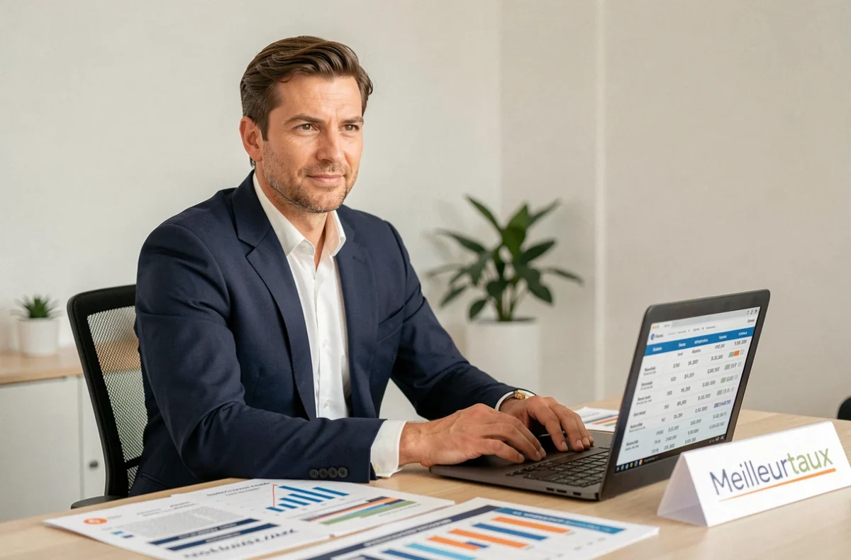 Conseiller financier de Meilleurtaux Tov Finance Conseil analysant des offres de prêt immobilier sur ordinateur