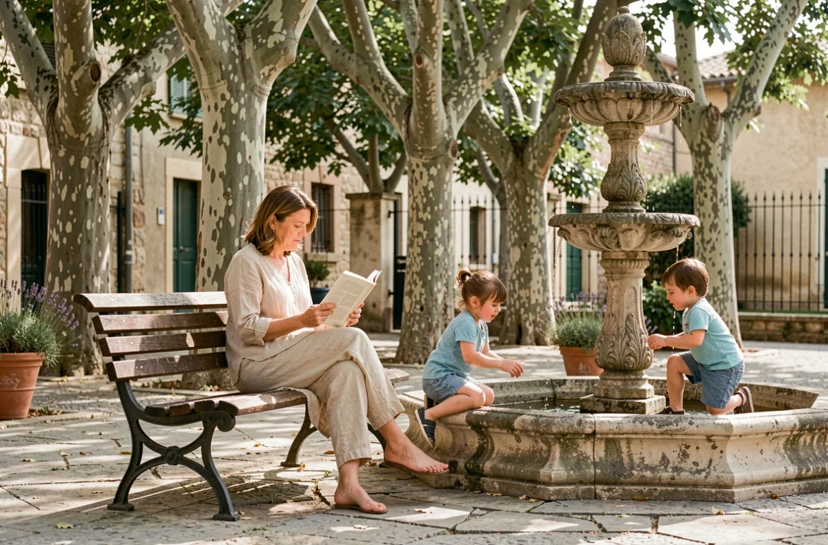 Mère lisant sur un banc dans une place résidentielle ombragée d'Avignon pendant que ses enfants jouent