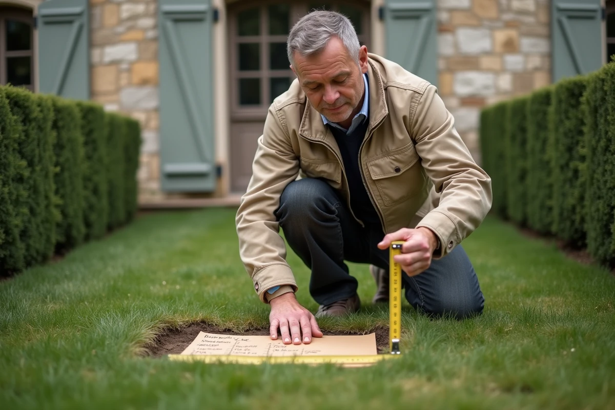 Homme mesurant une parcelle de jardin et calculant la surface en centiares et mètres carrés