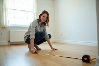 Femme mesurant la surface d'une pièce vide avec un mètre ruban posé sur un parquet en chêne clair