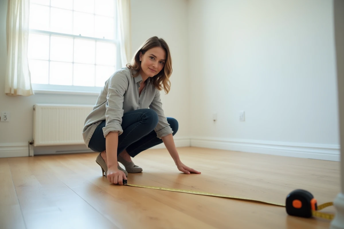 Femme mesurant la surface d'une pièce vide avec un mètre ruban posé sur un parquet en chêne clair
