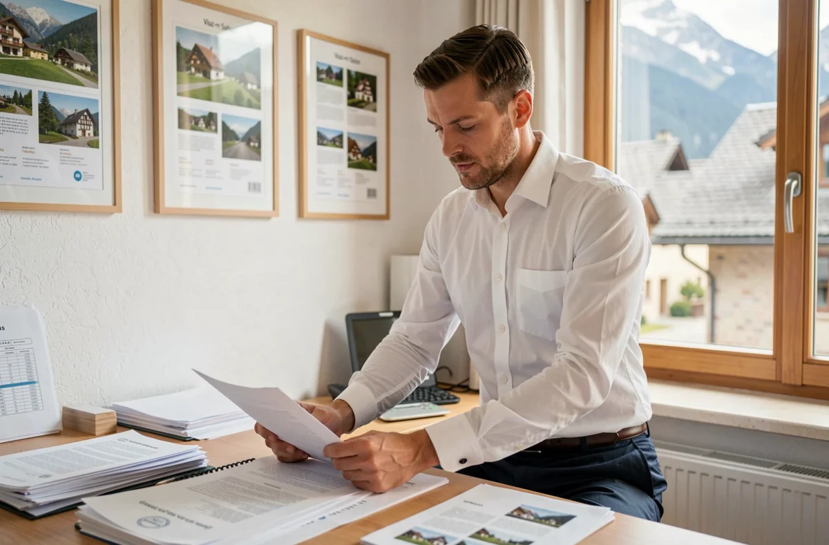Gestionnaire immobilier de Mole Immobilier consultant des documents dans son agence à Viuz-en-Sallaz