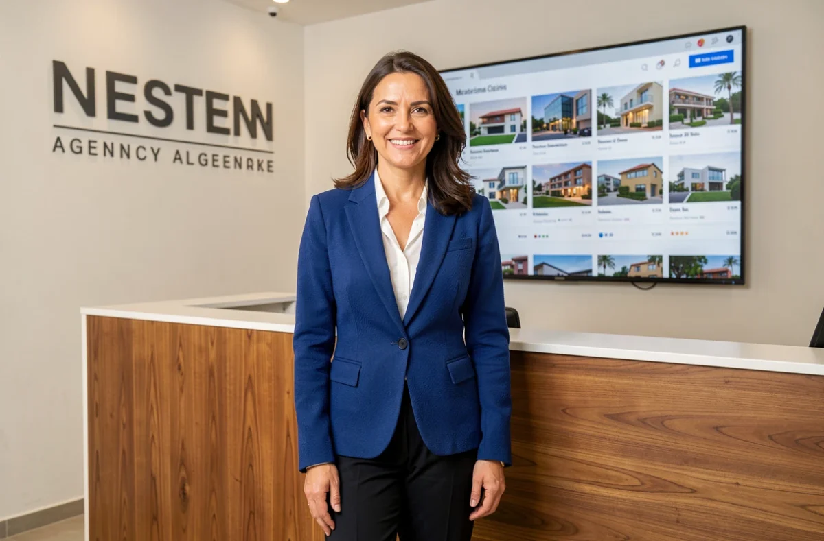 Agente Nestenn à l'accueil de l'agence Nestenn Marseille avec décor contemporain bois et blanc