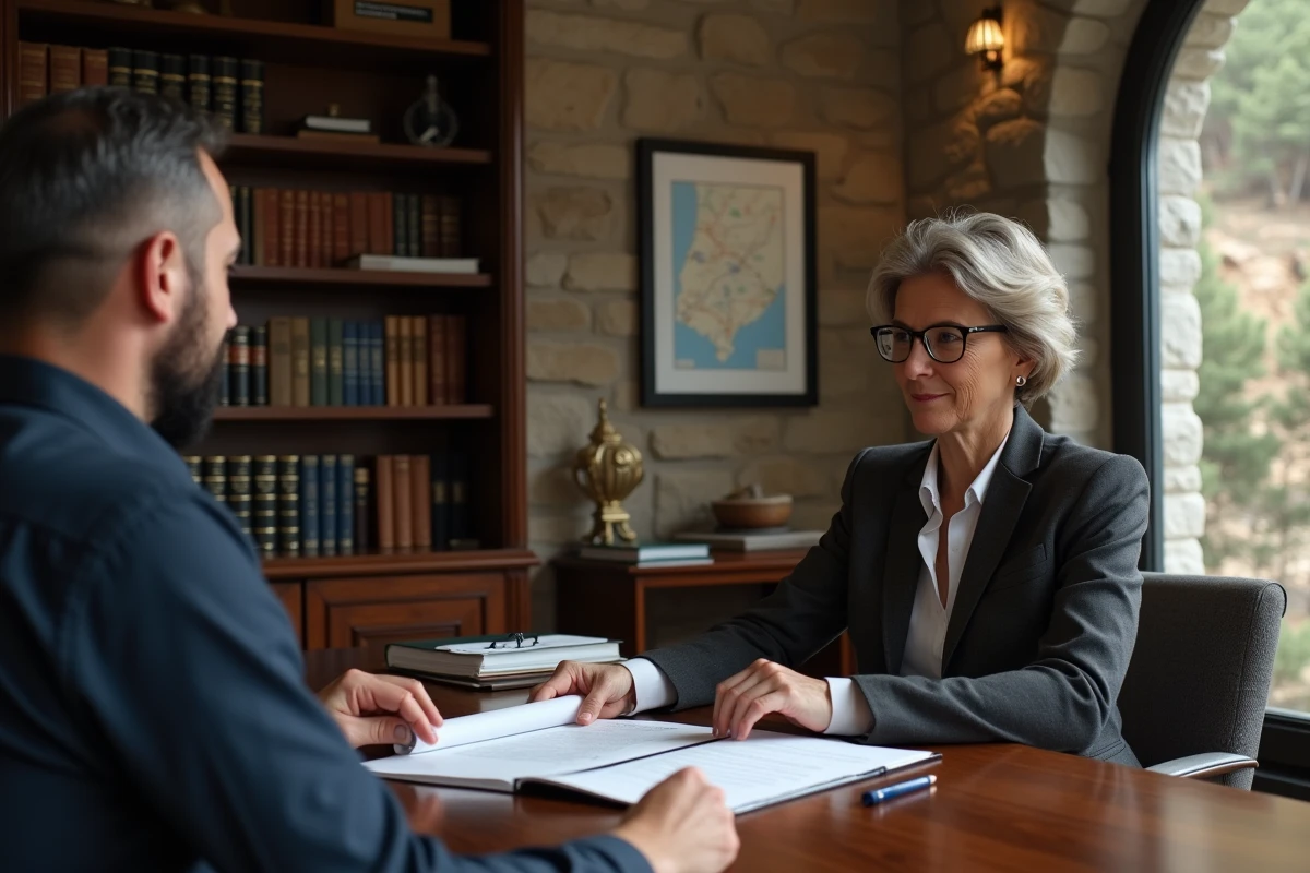 Notaire andorrane et acheteur français signant un acte de vente immobilier dans un bureau traditionnel en Andorre