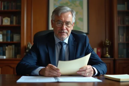 Notaire en costume examinant un acte de propriété