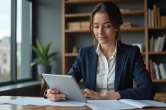 Notaire femme concentrée avec tablette dans son bureau