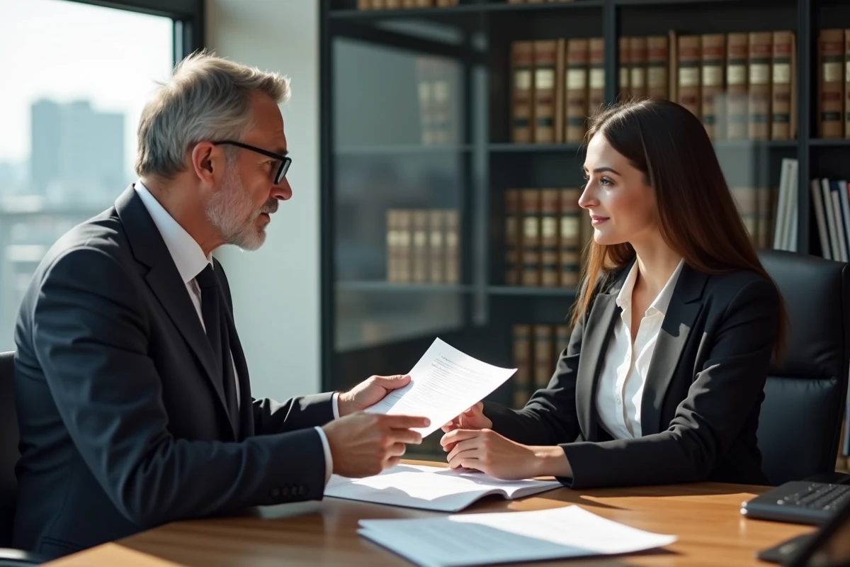 Notaire donnant des documents officiels à une jeune professionnelle