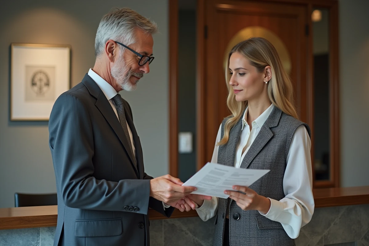 Notaire senior donnant une brochure à une cliente jeune
