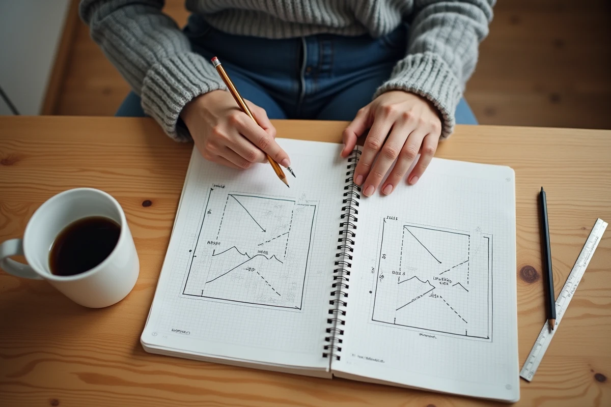 Femme prenant des notes sur la conversion de centiares en mètres carrés avec schémas manuscrits