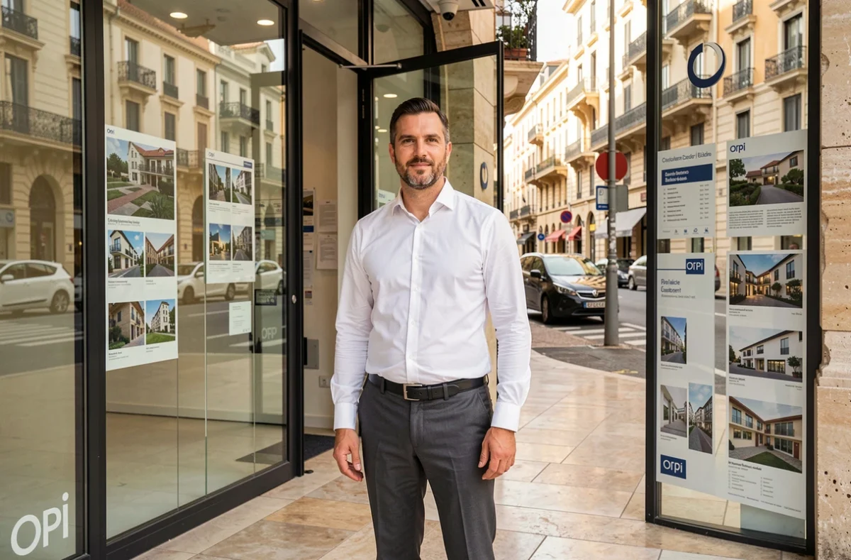 Agent Orpi devant la vitrine de l'agence Orpi Marseille Castellane avec des annonces immobilières affichées