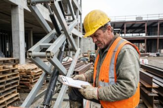 Ouvrier de construction inspectant une checklist en extérieur