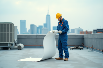 Ouvrier de chantier examinant une membrane d'étanchéité sur un toit