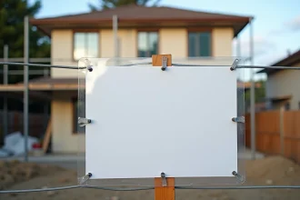 Panneau de déclaration préalable de travaux affiché sur un chantier résidentiel devant une maison en rénovation
