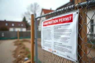 Panneau de permis de construire affiché sur un chantier résidentiel en France avec texte administratif lisible et bordure rouge réglementaire