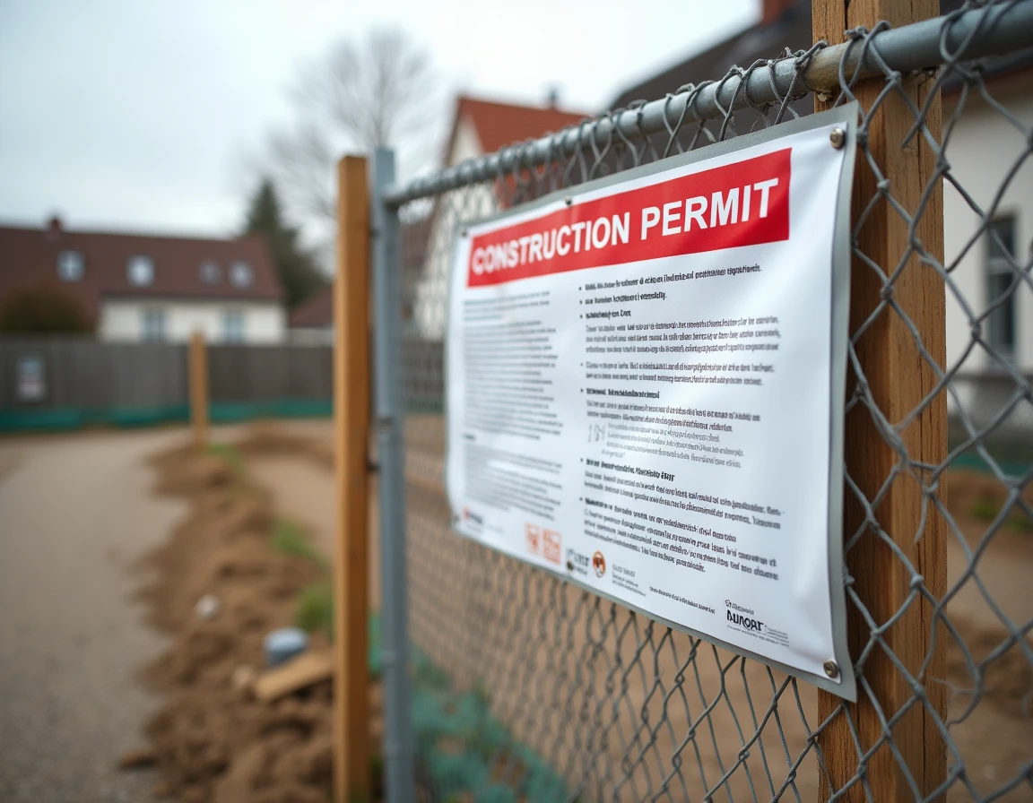 Panneau de permis de construire affiché sur un chantier résidentiel en France avec texte administratif lisible et bordure rouge réglementaire
