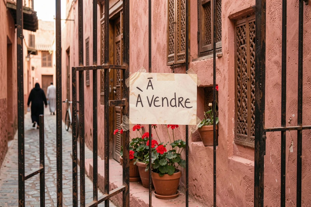 Panneau à vendre affiché sur la façade d'un immeuble en vente entre particuliers dans la médina de Marrakech