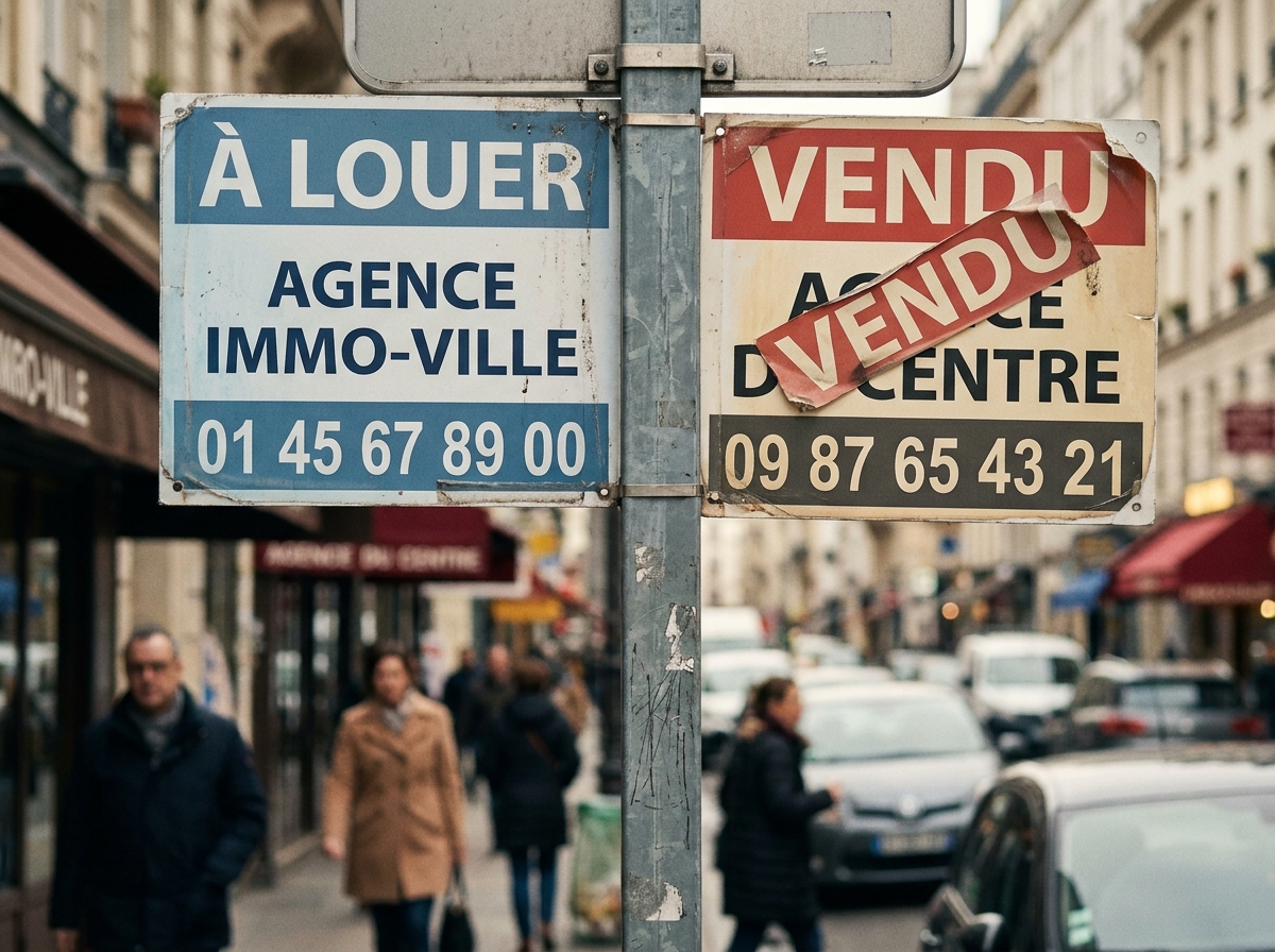 Gros plan sur deux panneaux immobiliers 'À Louer' et 'Vendu' fixés sur un poteau en rue commerçante