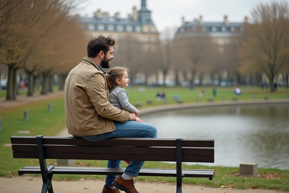 Père et fille dans un parc urbain paisible