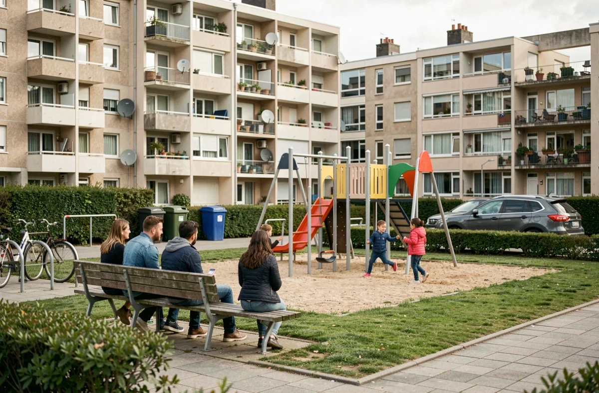 Parents et enfants dans un parc résidentiel du Havre avec immeubles d'habitation et aires de jeux en arrière-plan