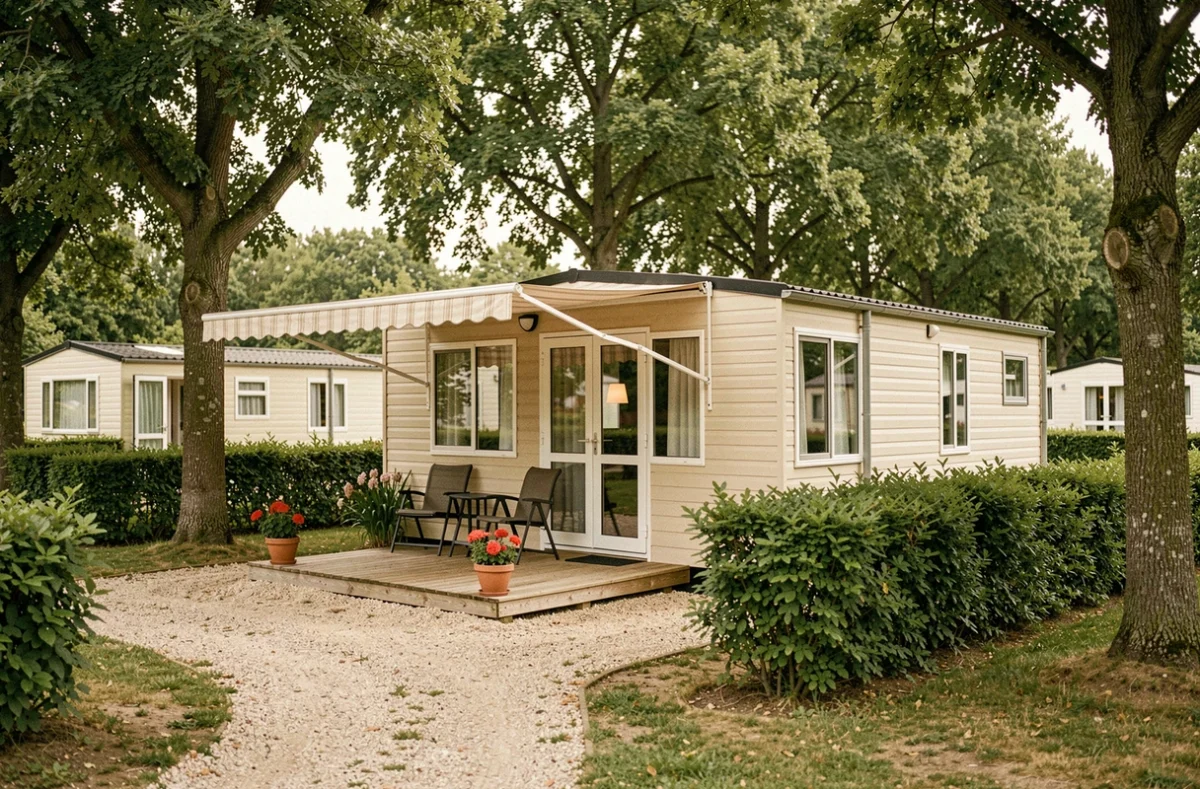 Parcelle de terrain résidentielle avec mobil home en Vendée entourée de végétation dans un camping à l'année