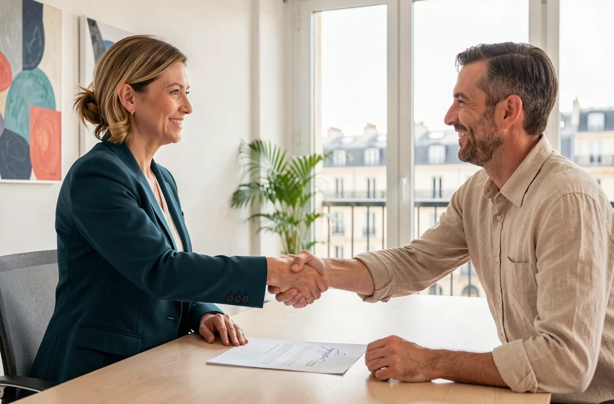 Conseillère Partners Finances Marseille signant un accord de prêt immobilier avec un client satisfait