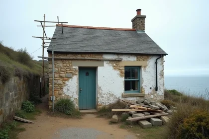 Petite maison en bord de mer à rénover avec façade en pierre apparente et échafaudage, matériaux de construction au sol