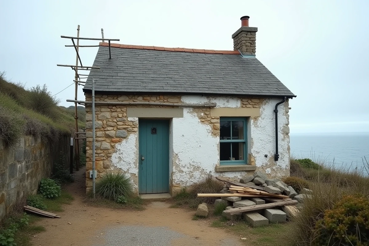 Petite maison en bord de mer à rénover avec façade en pierre apparente et échafaudage, matériaux de construction au sol