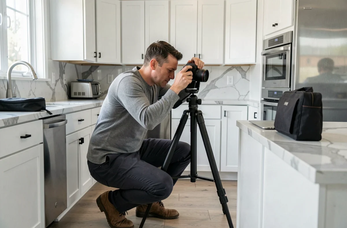 Photographe immobilier installant une caméra 360 sur trépied dans une cuisine moderne pour créer une visite virtuelle