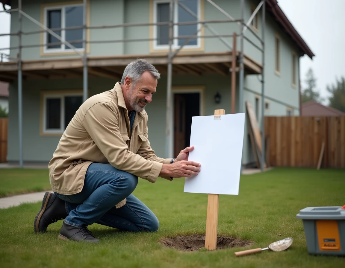 Homme fixant un panneau de permis de construire sur un piquet en bois devant une maison en rénovation avec échafaudage