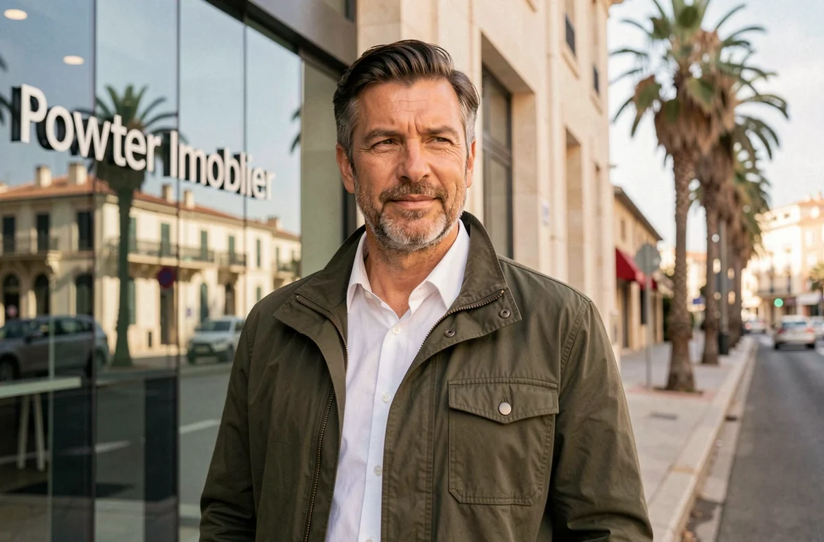Agent Power Immobilier devant l'agence à Marseille avec palmiers et façade moderne en arrière-plan