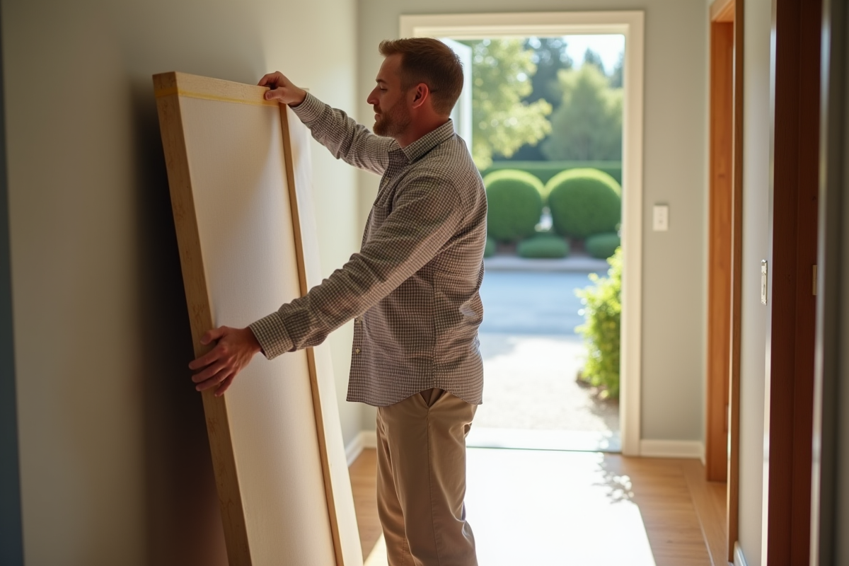 Homme sécurisant un grand tableau dans un couloir ensoleille