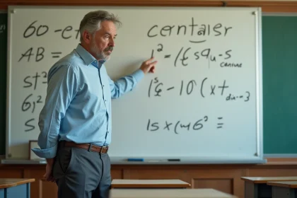 Professeur de mathématiques expliquant la conversion centiare en m2 au tableau dans une salle de classe