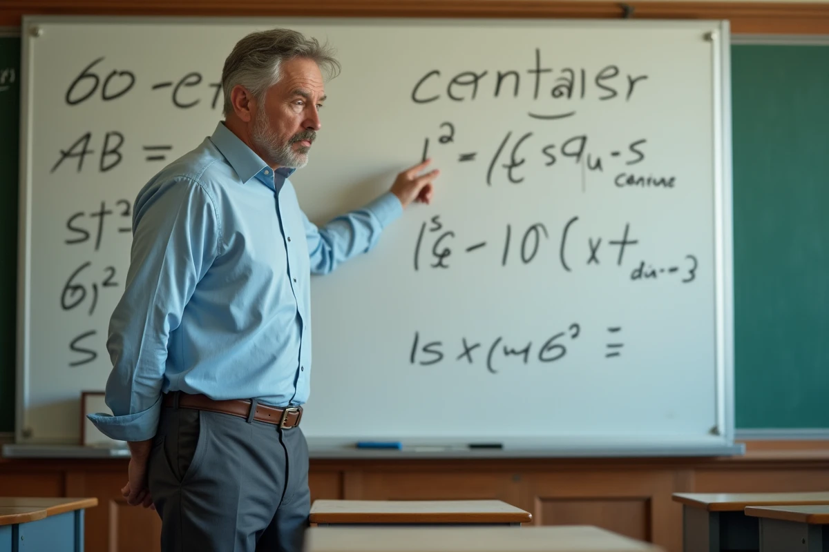 Professeur de mathématiques expliquant la conversion centiare en m2 au tableau dans une salle de classe