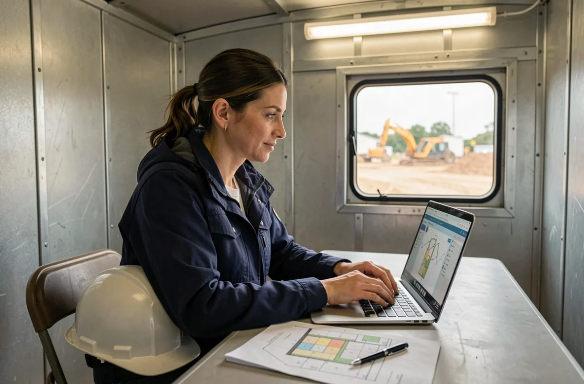 Professionnelle du BTP consultant une plateforme de gestion de chantier sur ordinateur dans un bureau de chantier temporaire