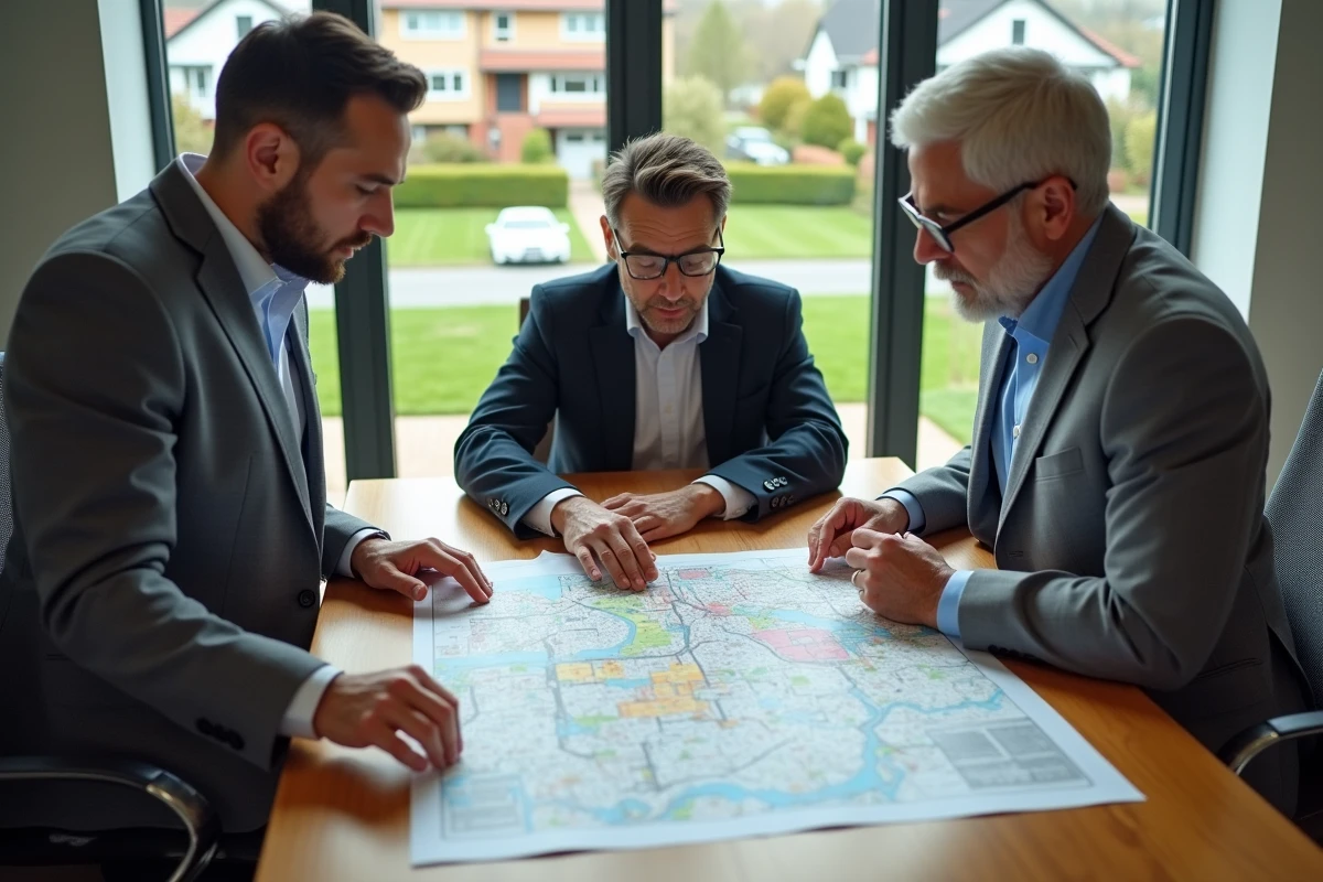 Groupe de professionnels immobiliers examinant une carte