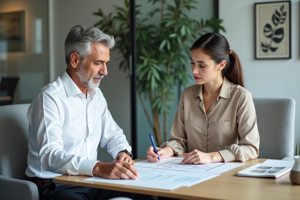 Propriétaire et agent immobilier discutant des clauses d'un bail et des obligations de l'article 606 du code civil autour de documents