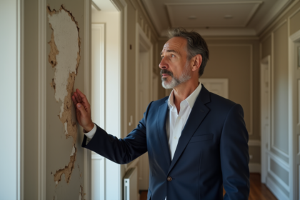 Homme d'âge moyen examine un mur endommagé dans un appartement français