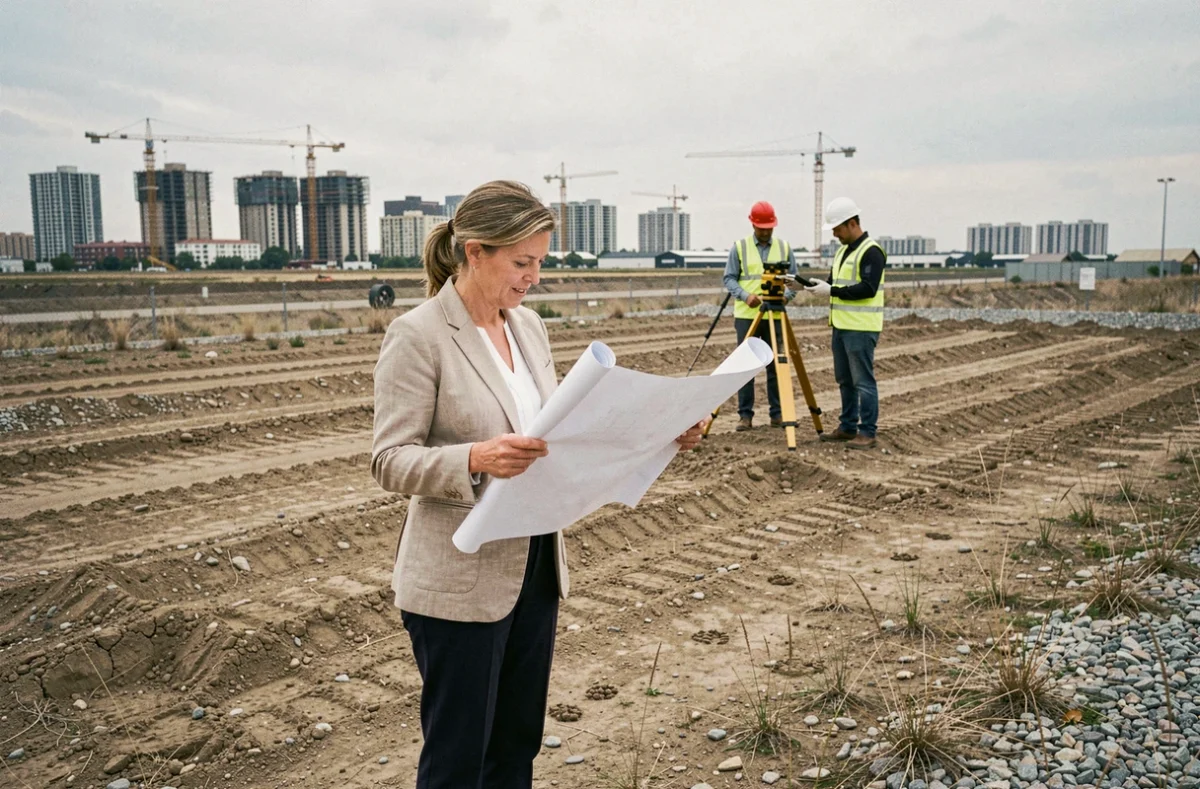Propriétaire foncière examinant des plans architecturaux sur un terrain à bâtir en milieu urbain avec équipe de promoteurs en arrière-plan